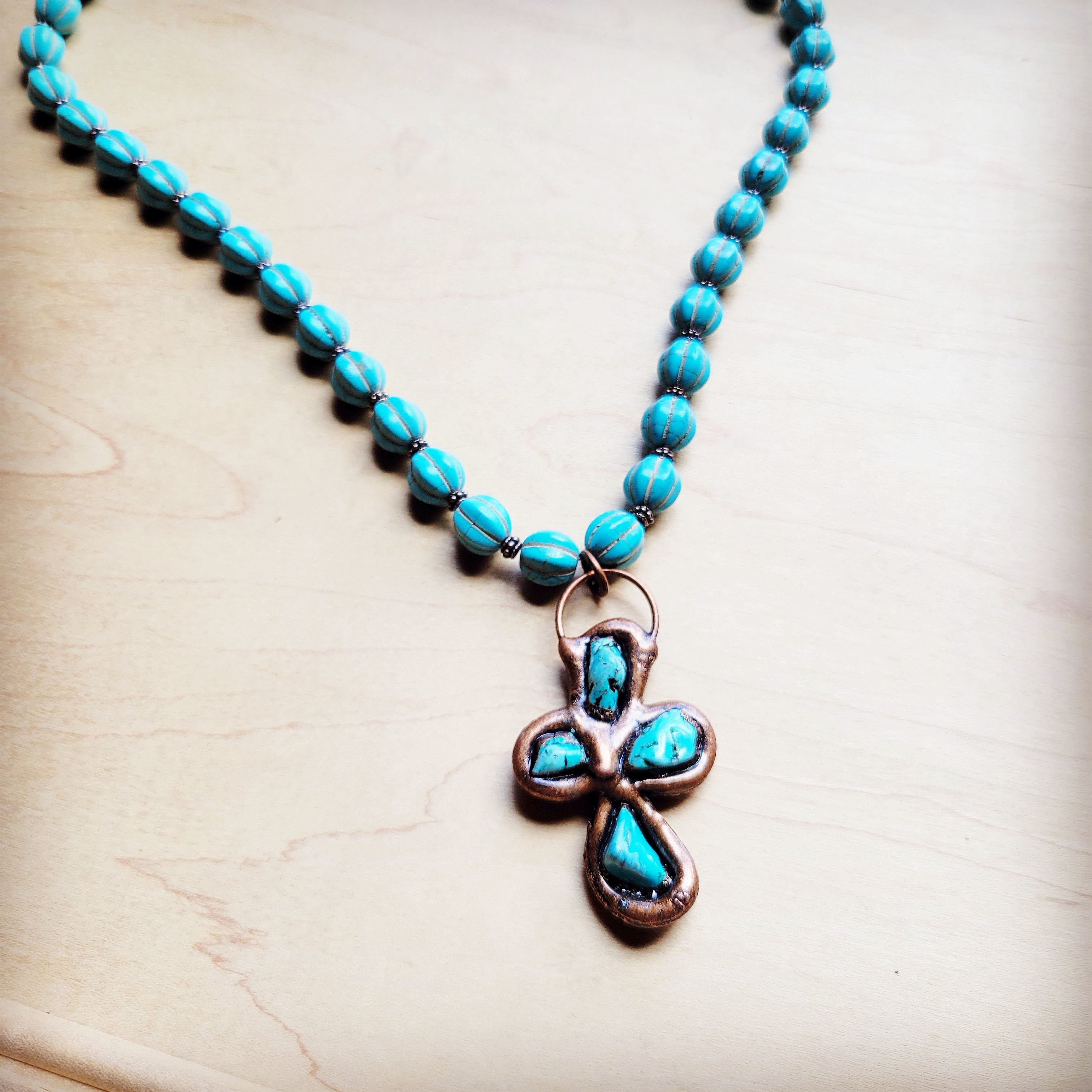 **Blue Turquoise Melon Beaded Necklace w/ Copper Cross 260g