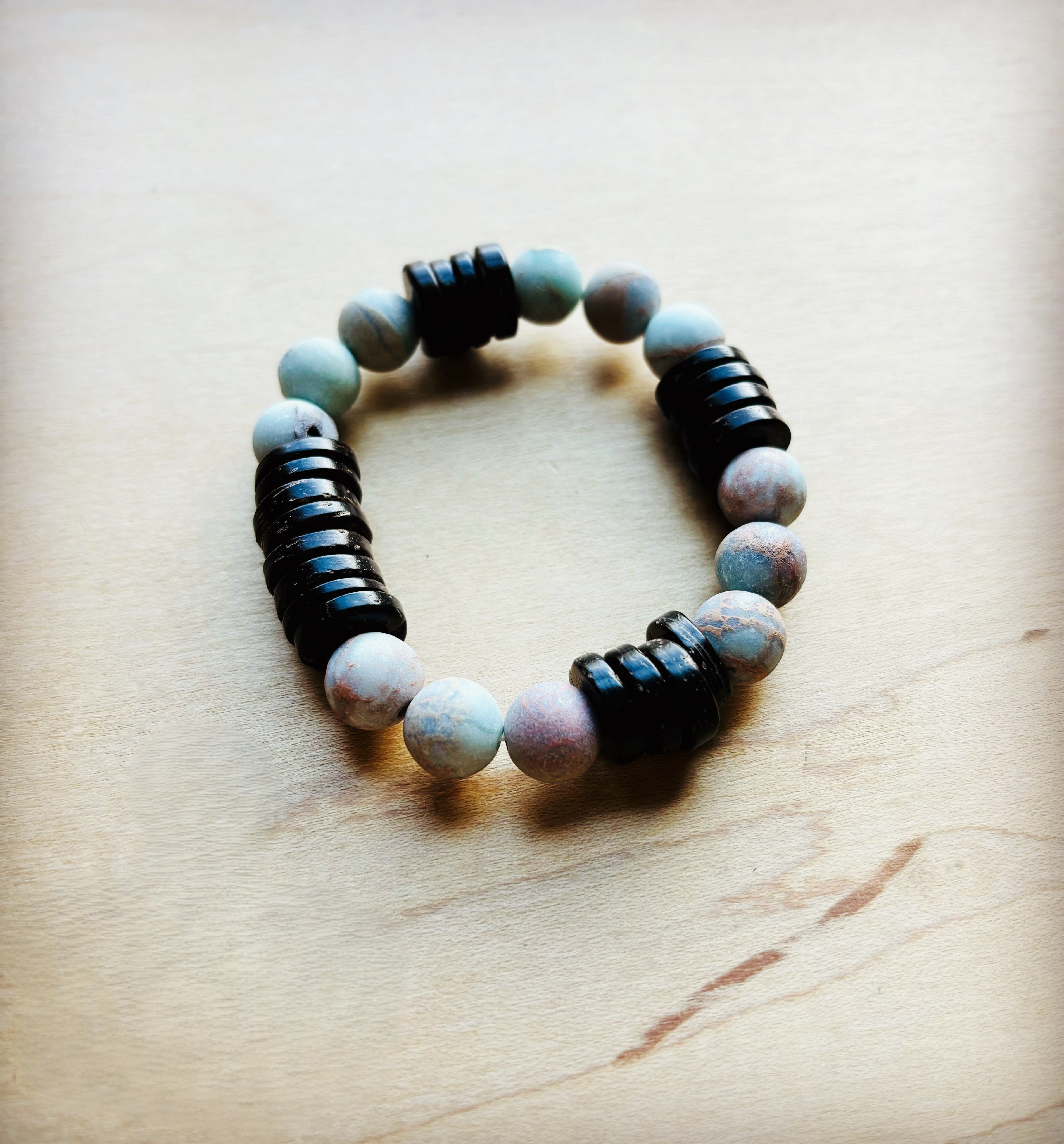**Frosted Aqua Terra and Wood Stretch Bracelet (808y)