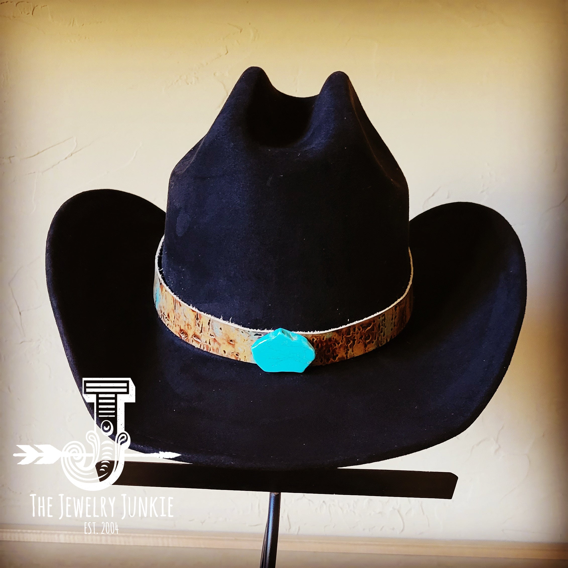 **Driftwood Tarnished Copper Embossed Leather Hat Band Only w/ Turquoise Slab 951u