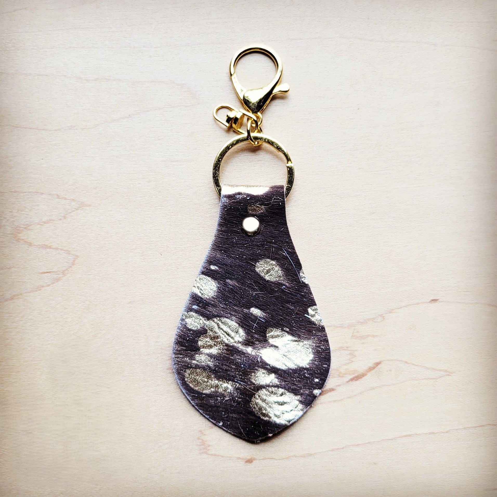 **Hair-on-Hide Leather Key Chain - Brown Metallic 703k