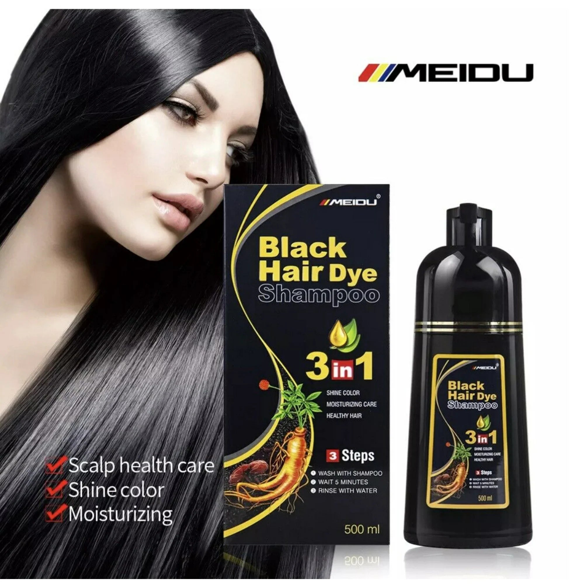 MEIDU 3 In 1 Black Hair Dye Shampoo