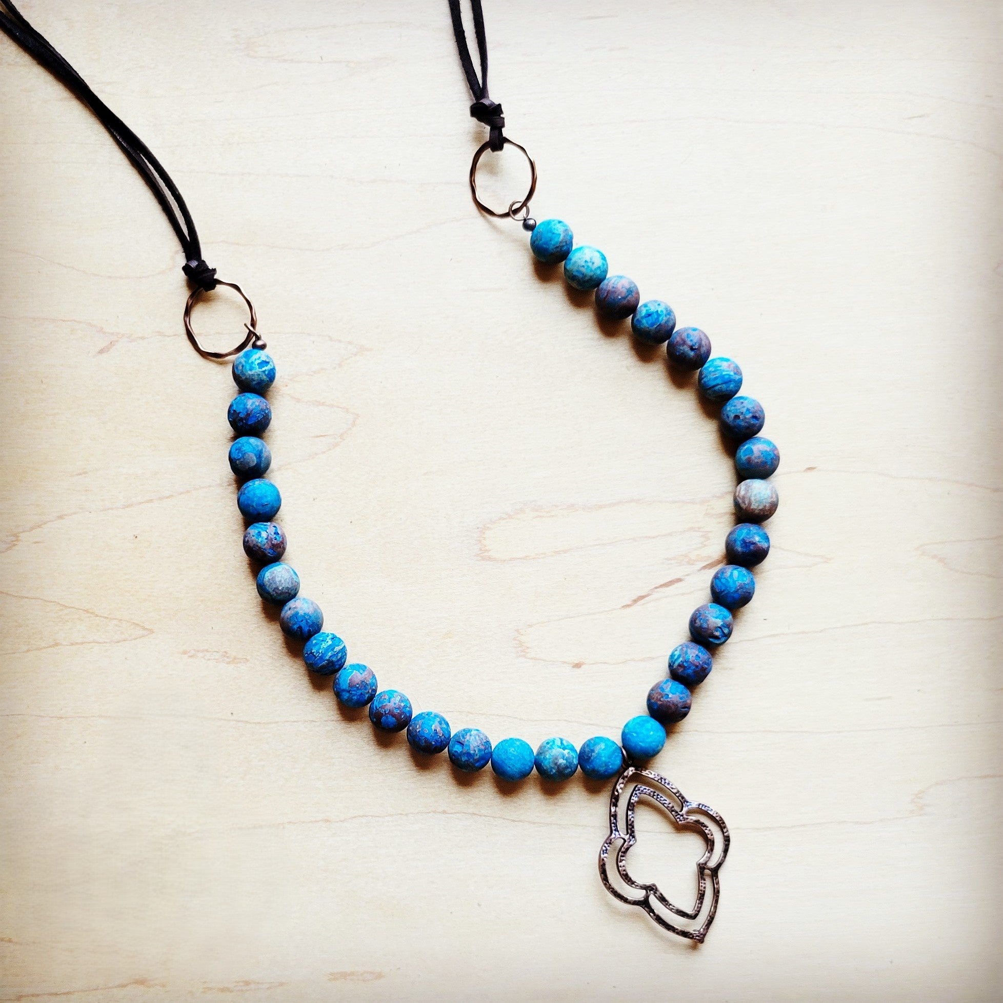 **Frosted Chrysocolla Beaded Necklace w/ Copper Pendant 258h