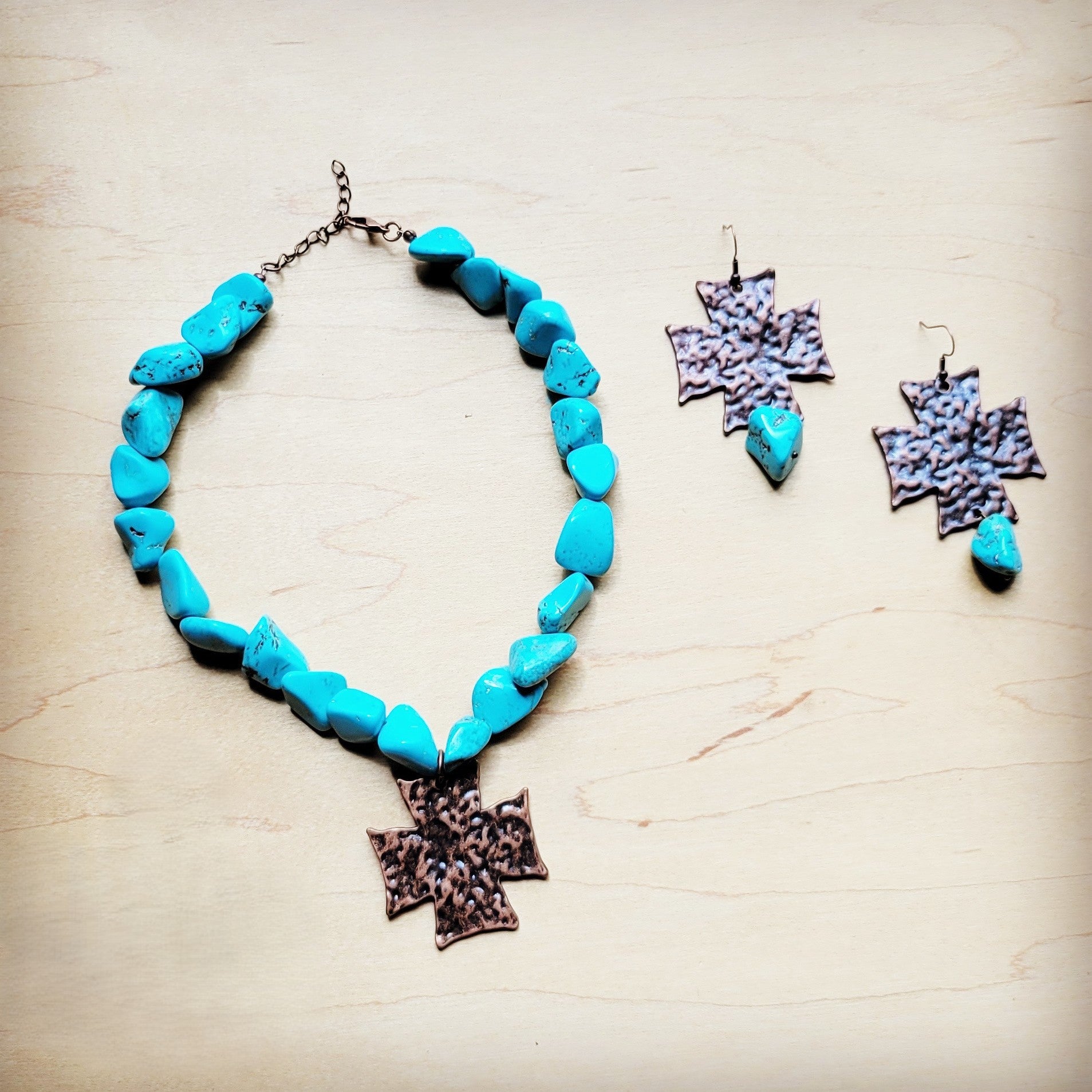 **Copper Cross Earrings w/ Blue Turquoise Chunks 220o