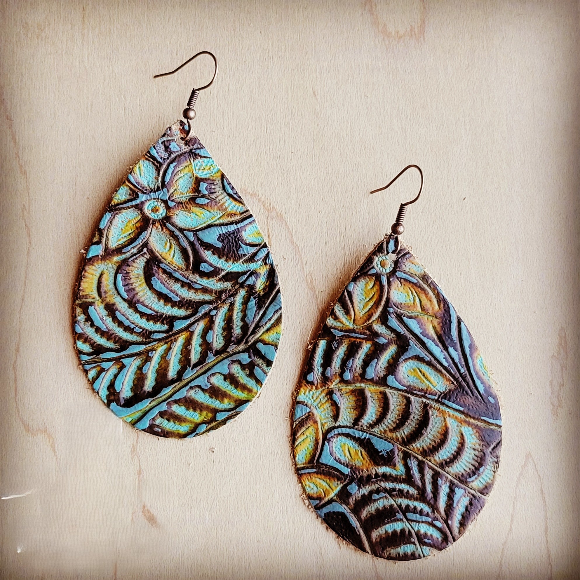 **Leather Teardrop Earrings in Dallas Turquoise 207g