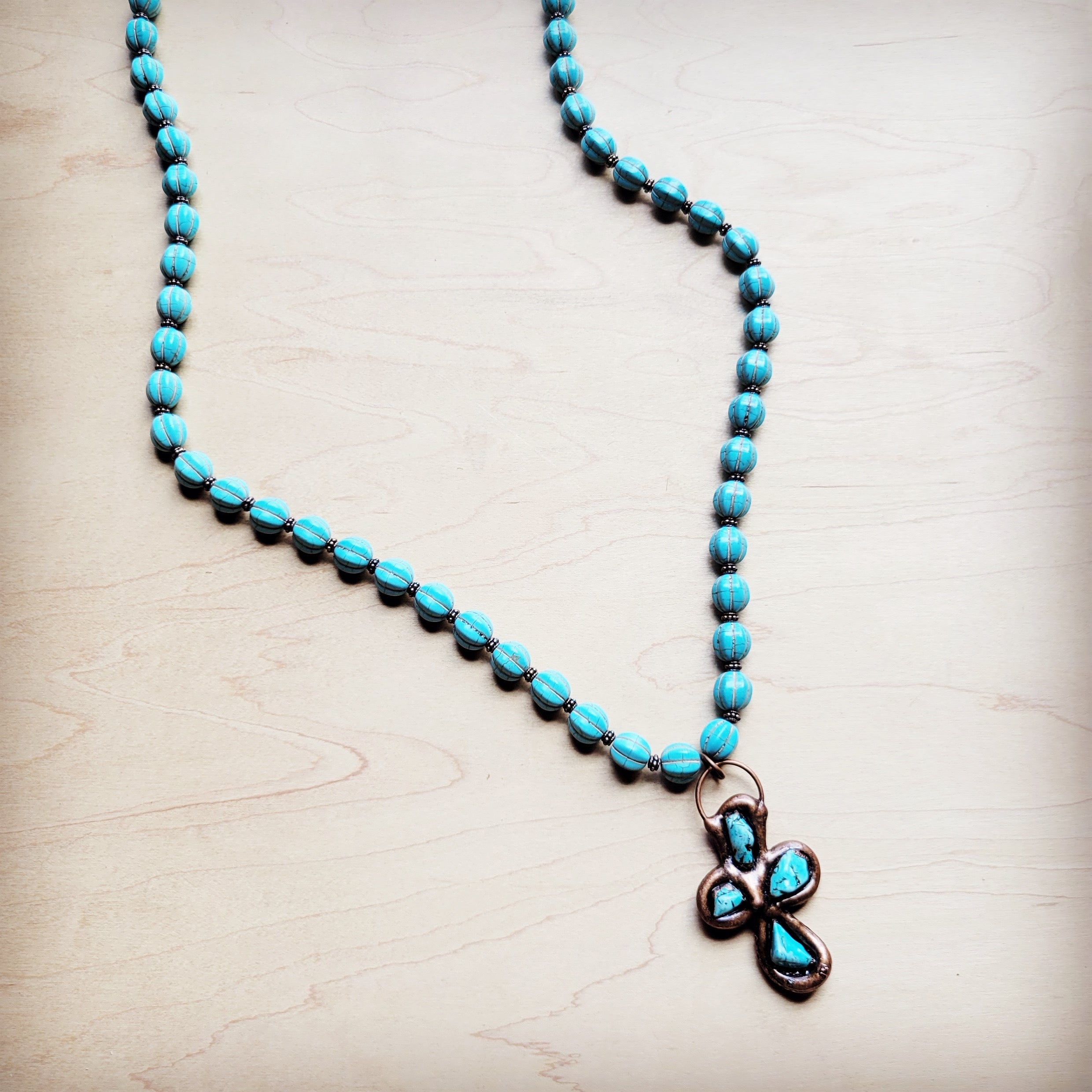 **Blue Turquoise Melon Beaded Necklace w/ Copper Cross 260g