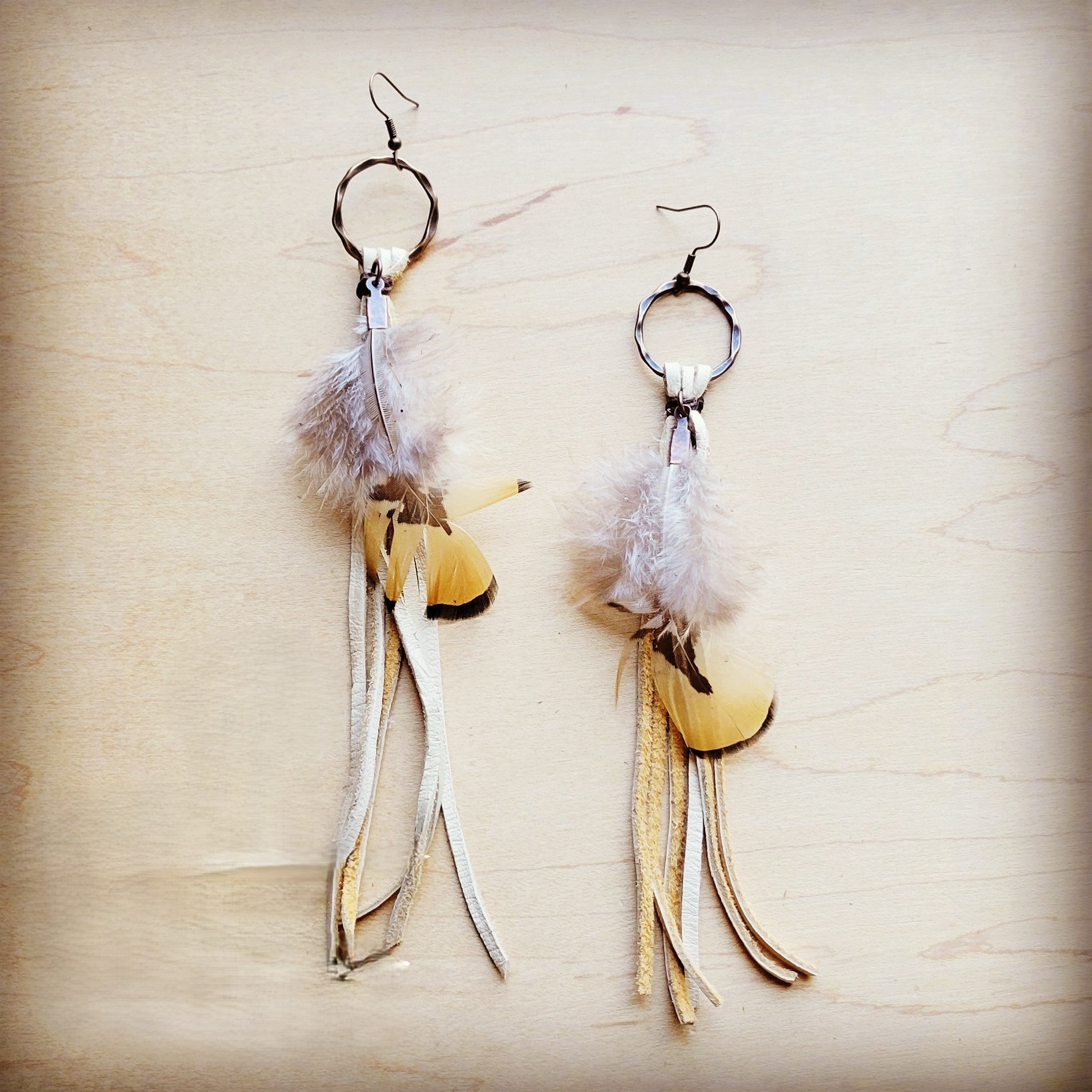 **Boho Bone Deer Skin Leather Tassel Earring-Yellow Feather 217e