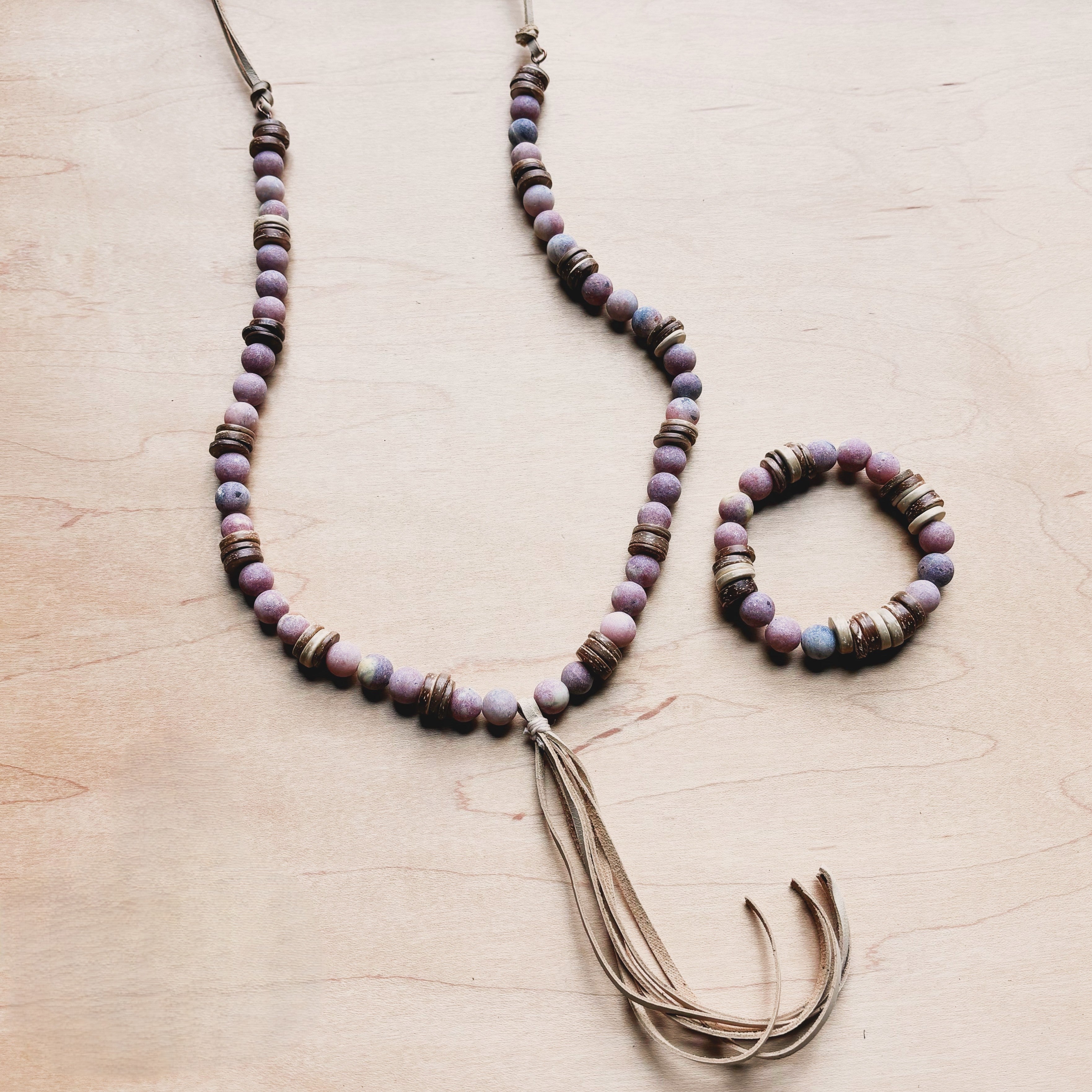 **Frosted Marble Jasper Necklace w/ Wood Beads & Leather Tassel 258b
