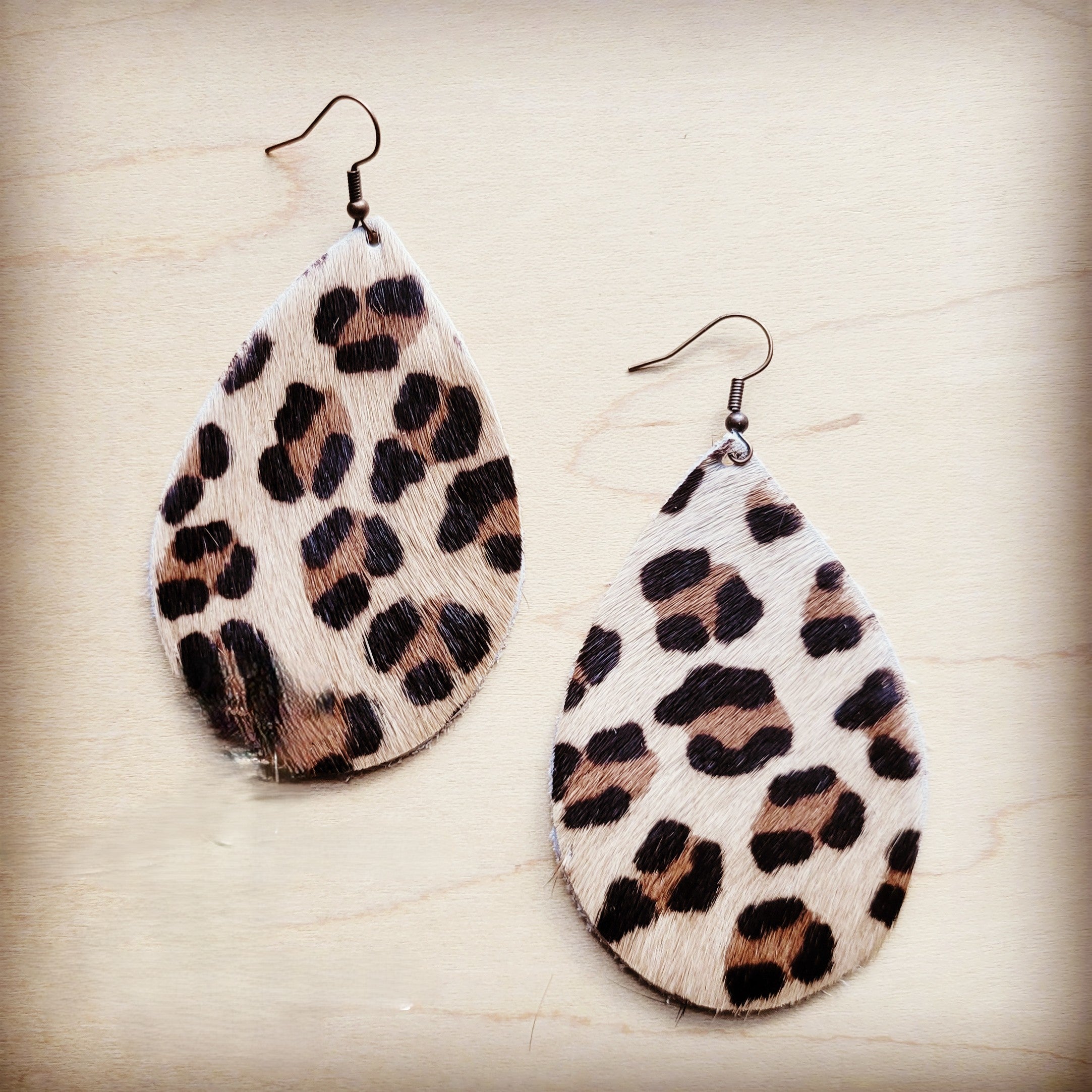 **Leather Teardrop Earrings in Hair on Hide Leopard 222p