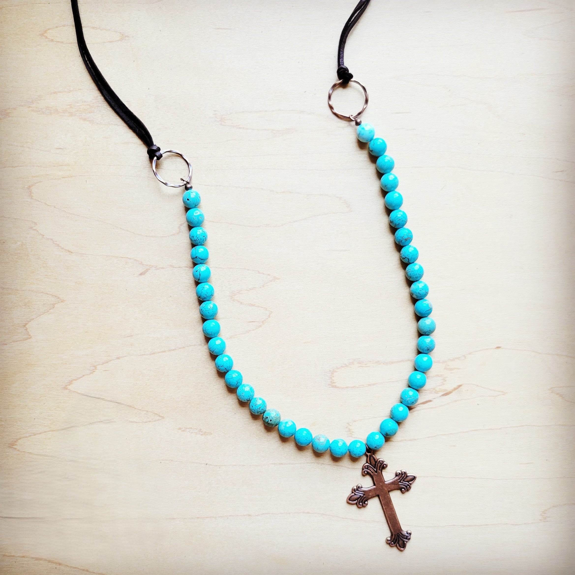 **Frosted Magnesite Beaded Necklace w/ Copper Cross 258i