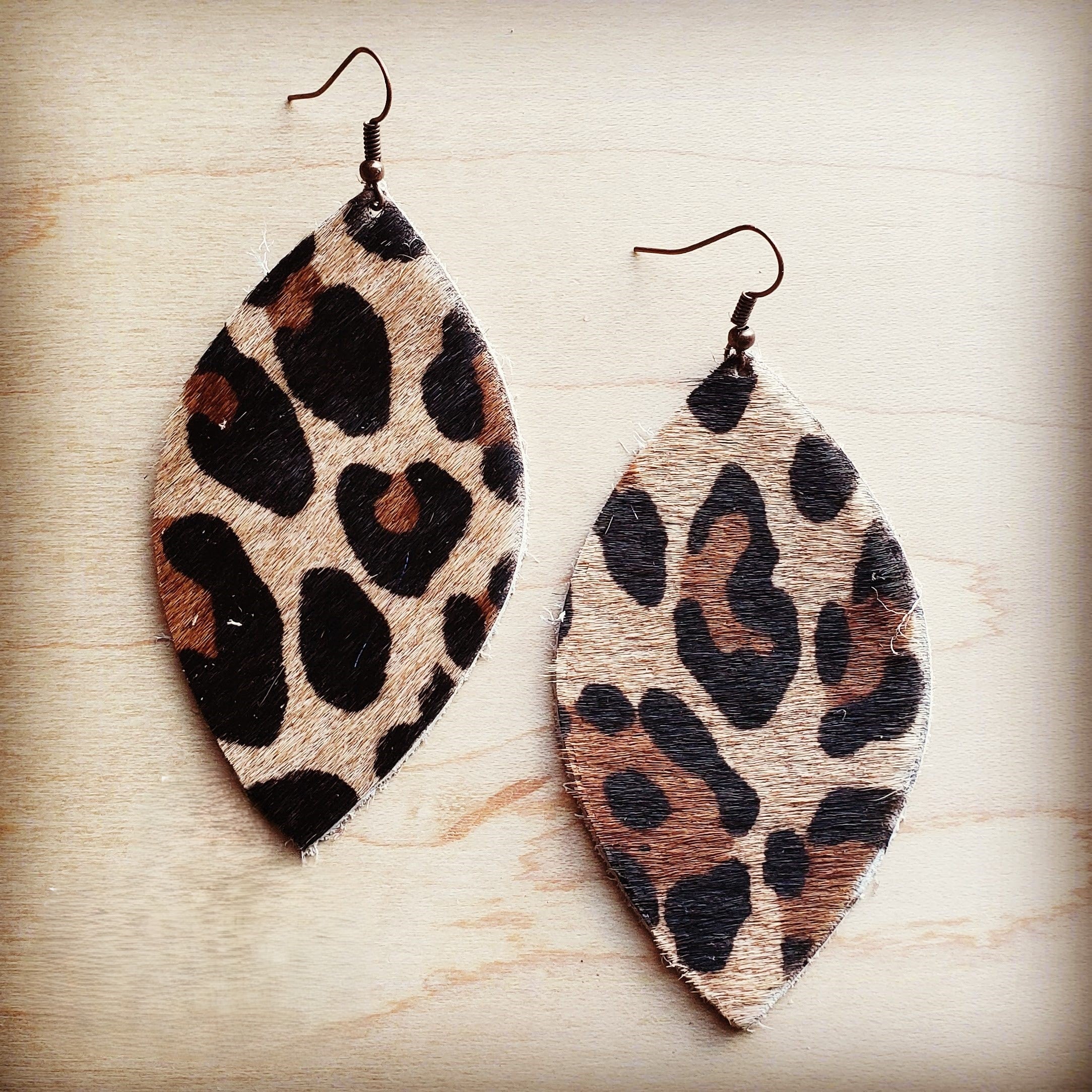**Leather Oval Earrings in Leopard Print Hair on Hide 216z