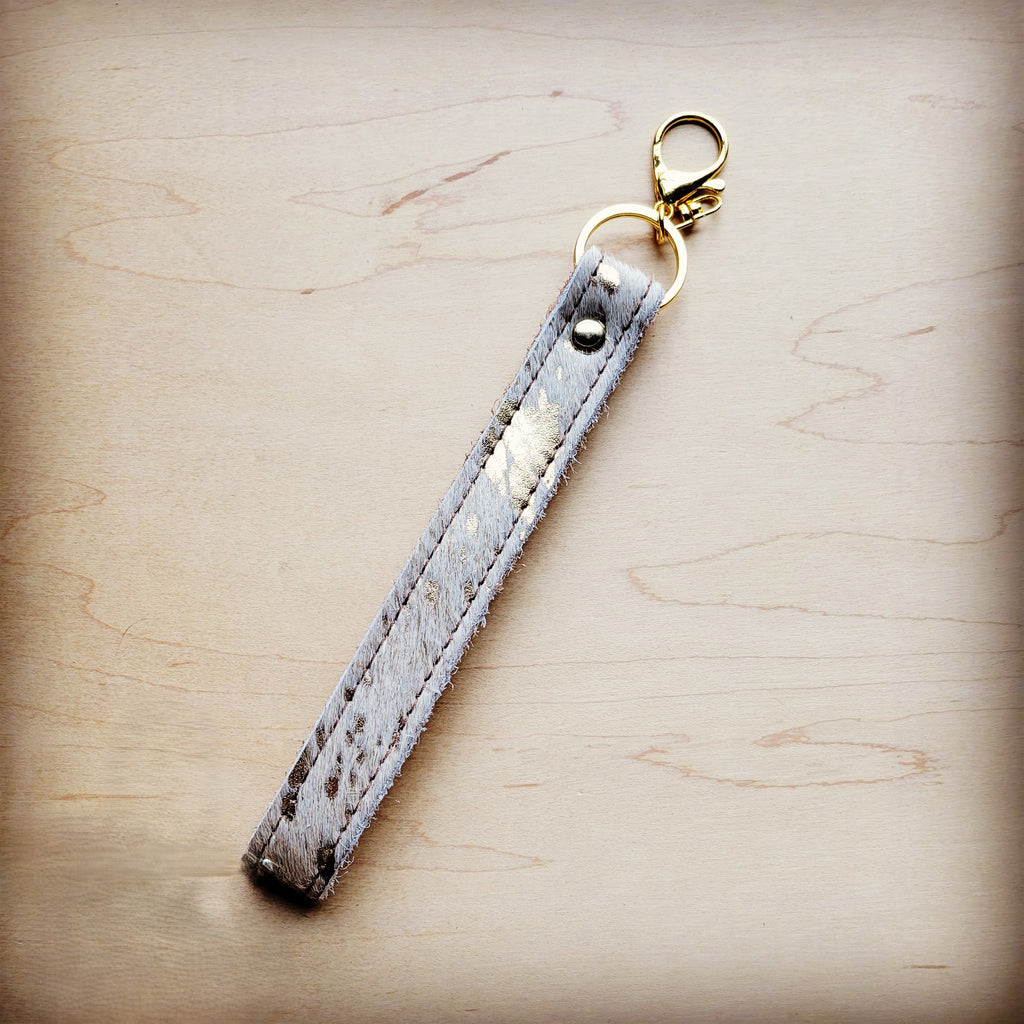 **Embossed Leather Key Chain Cream Gold Metallic 701r