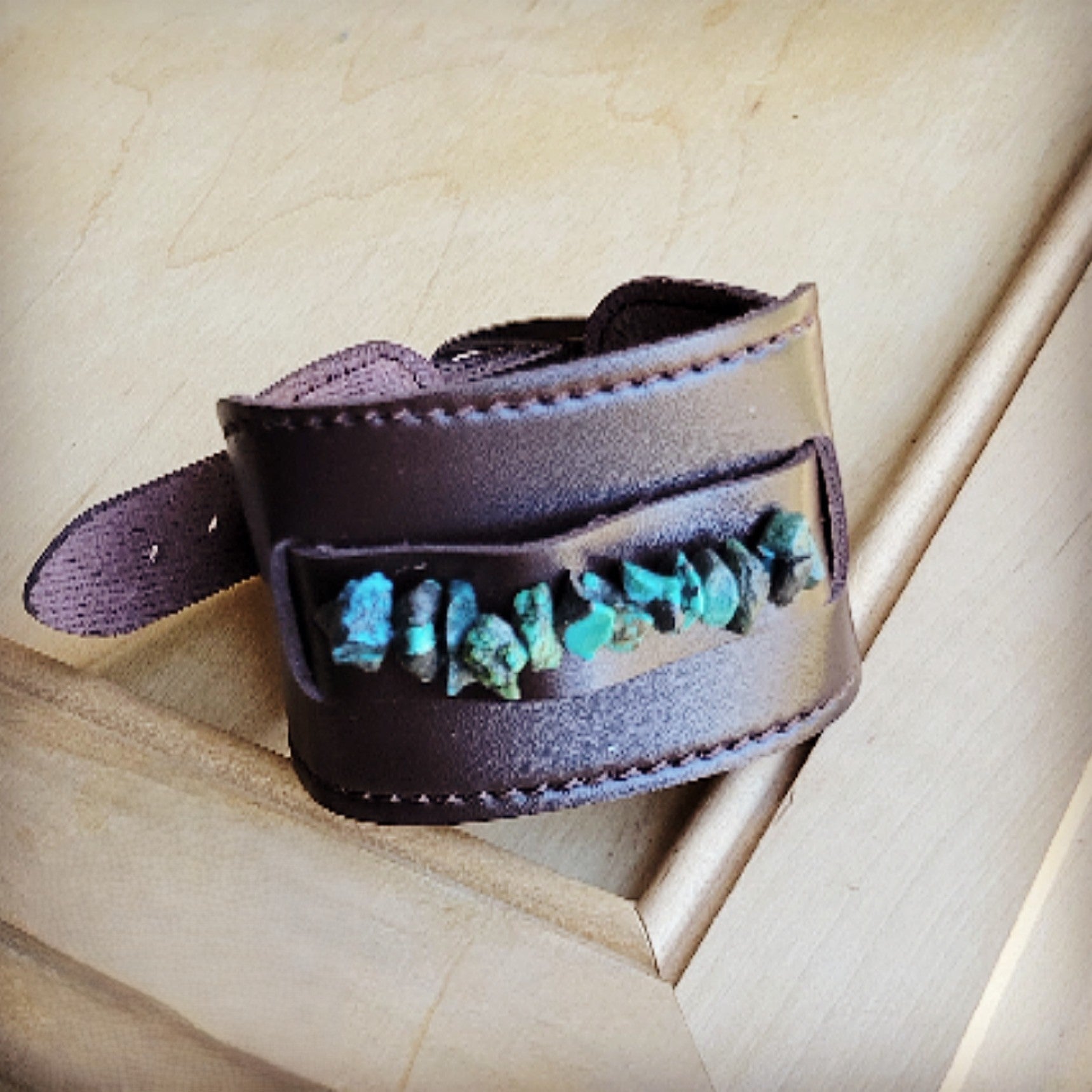 **Wide Dark Leather Cuff with Natural Turquoise Chunks 011y