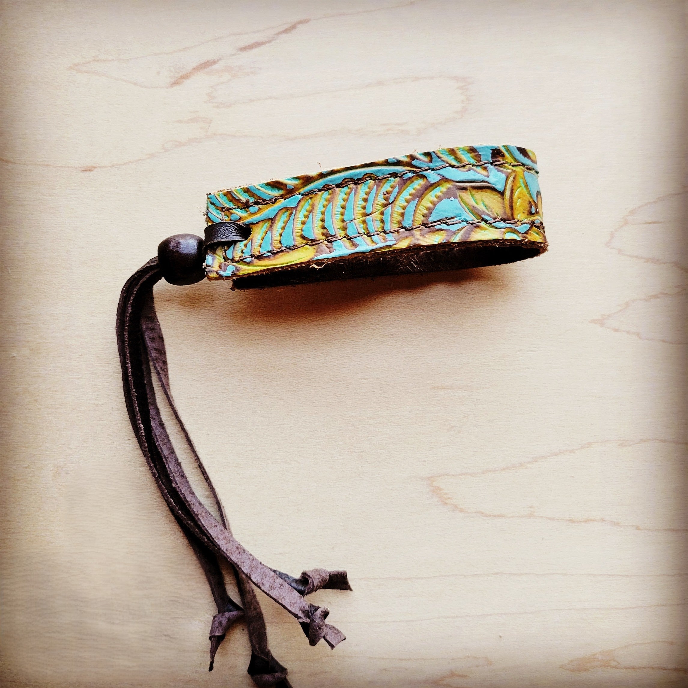 **Narrow Leather Cuff w/ Adjustable Ties in Dallas Turquoise 004d