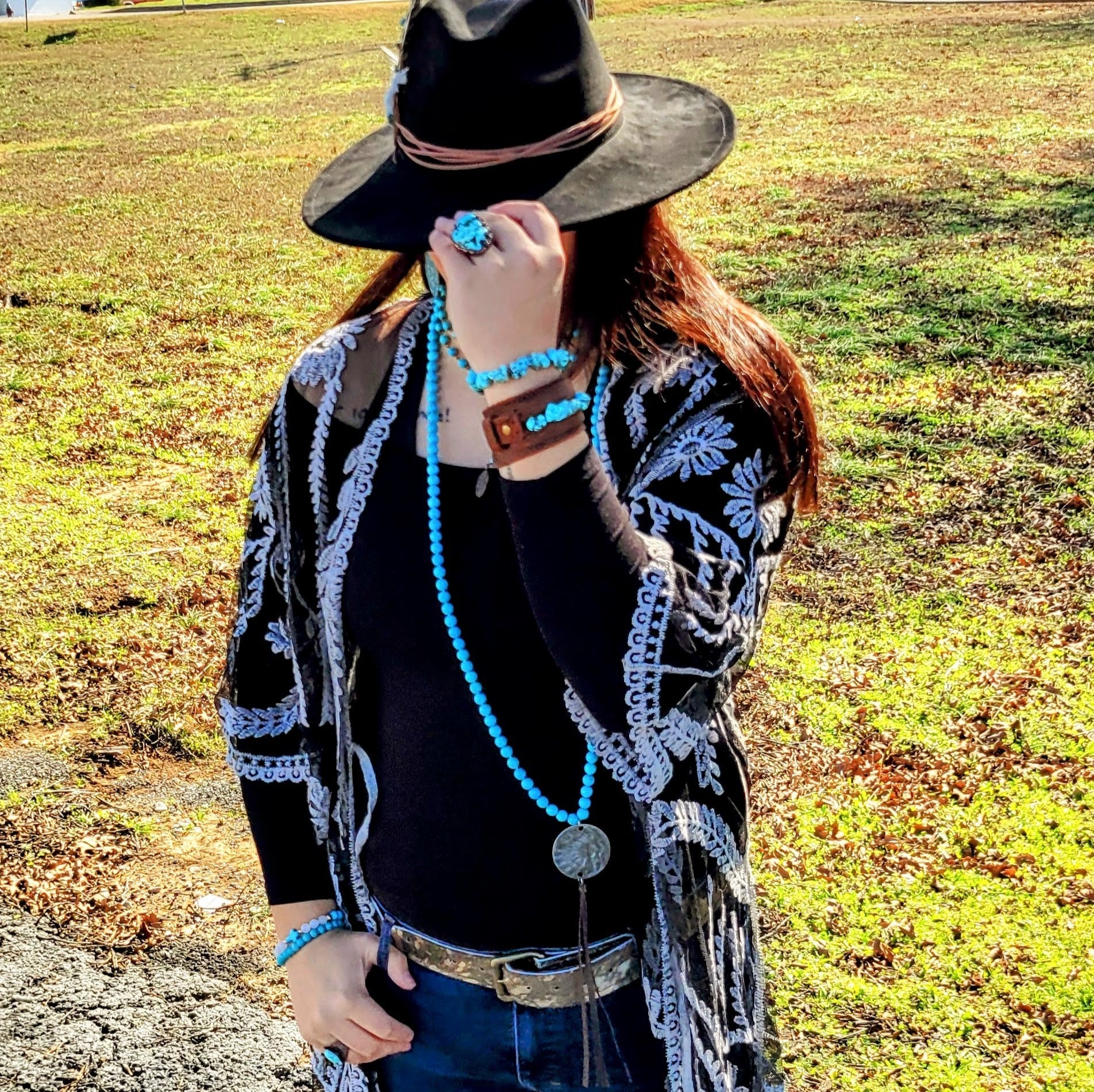 **Long Turquoise Beaded Necklace w/ Indian Pendant 258ka