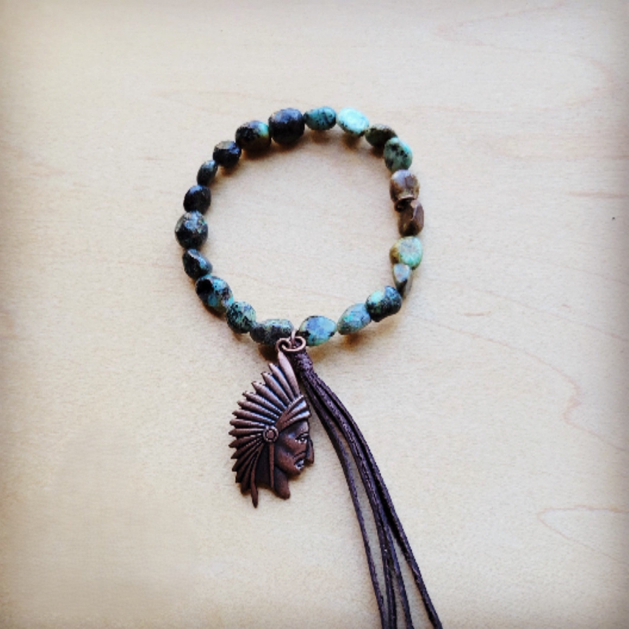 **Natural Turquoise Stretch Bracelet w/ Indian Charm 809u