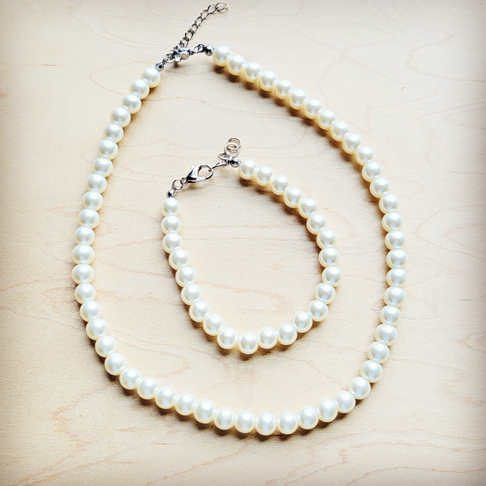 **Glass Pearl Necklace & Bracelet Set Wedding Collection 259w