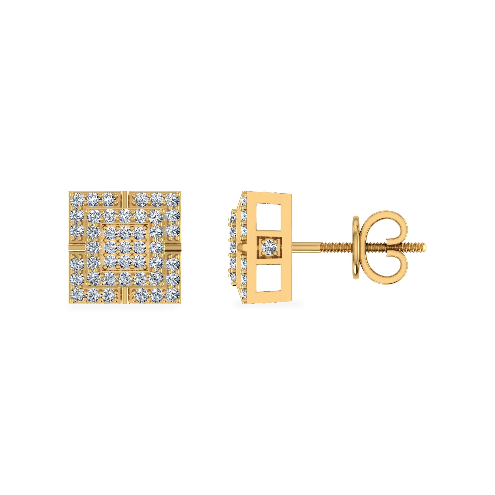 10K Yellow Gold Round Diamond Square Shape Stud Earrings 1/3 Cttw