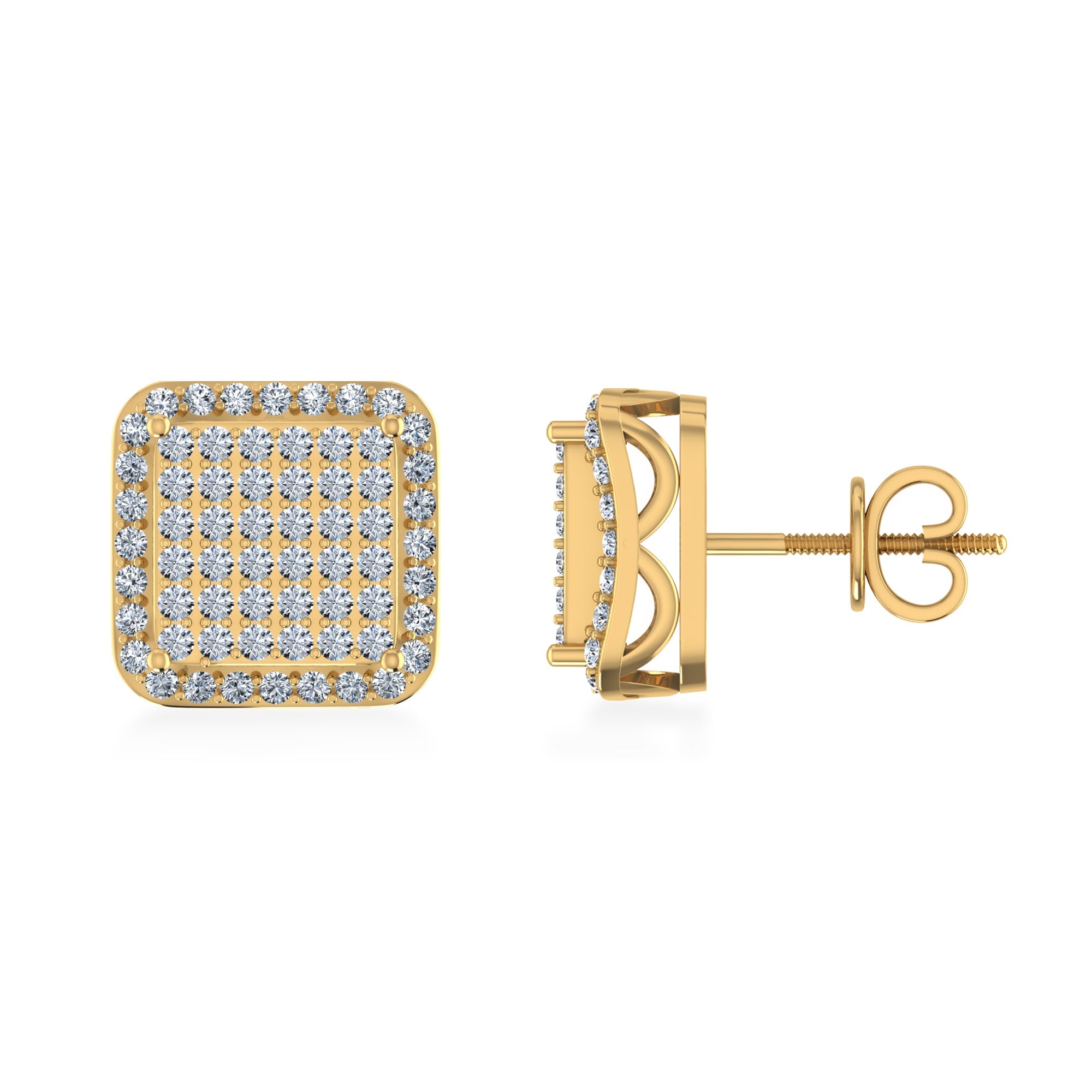 10K Yellow Gold Round Diamond Square Shape Designer Stud Earrings 3/8 Cttw