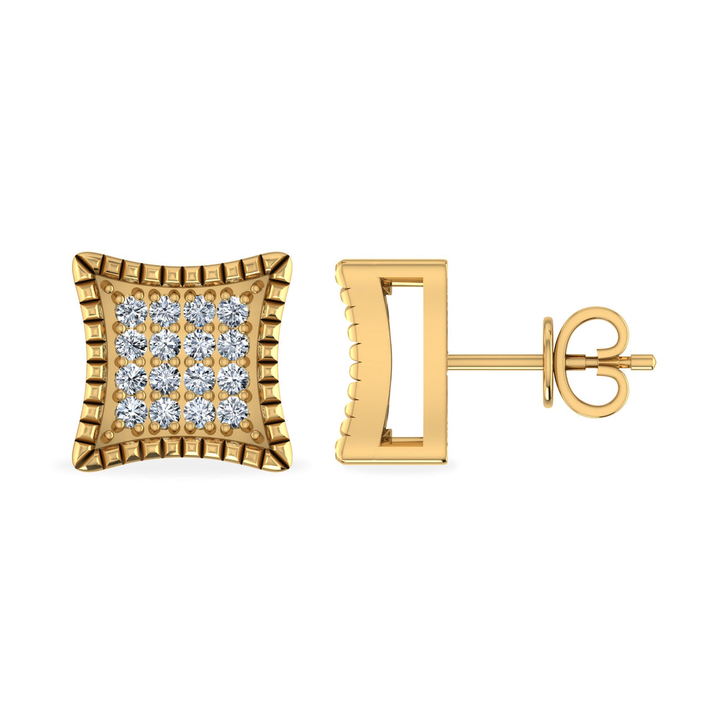10K Yellow Gold Round Diamond Square Shape Designer Stud Earrings 1/10 Cttw