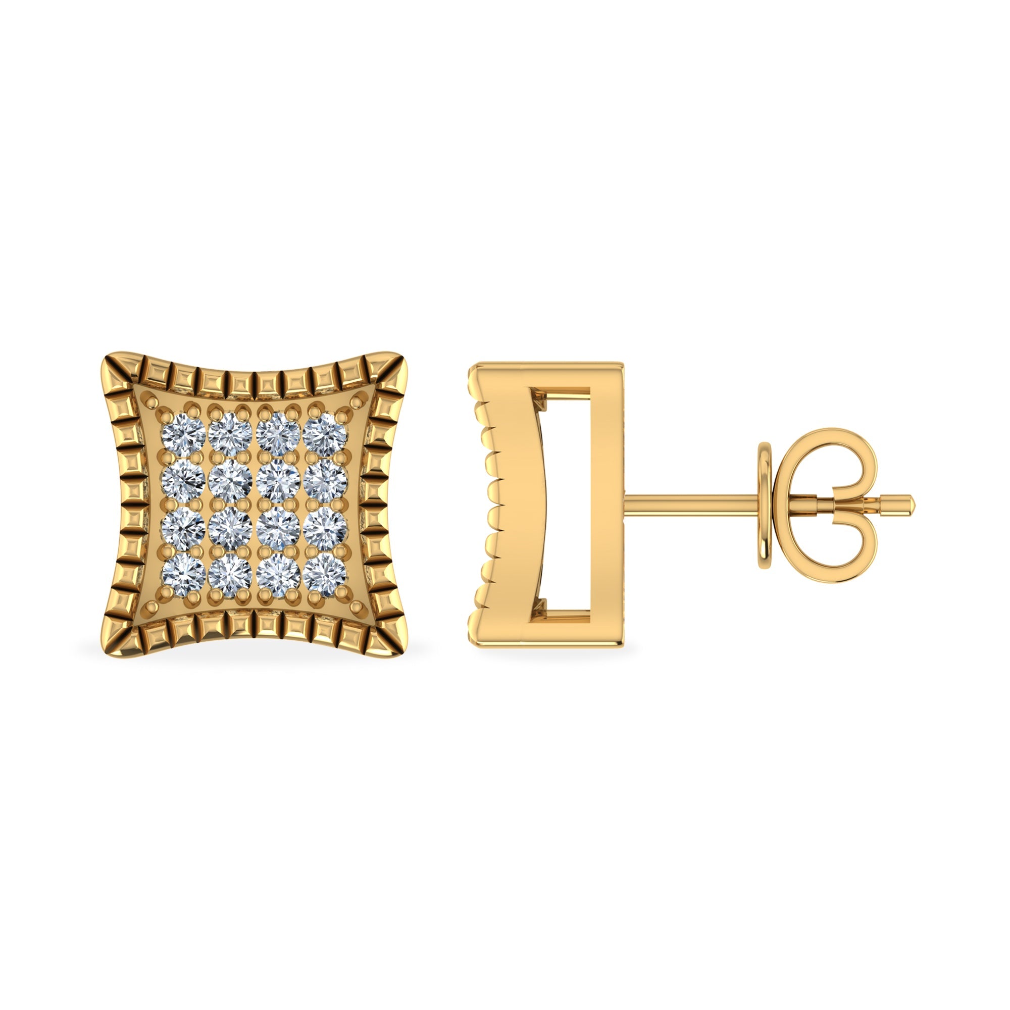 10K Yellow Gold Round Diamond Square Shape Designer Stud Earrings 1/10 Cttw
