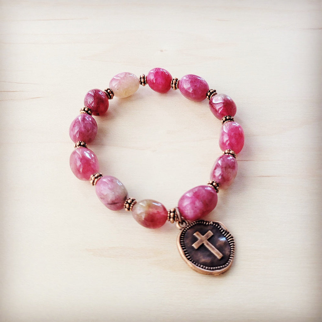 **Natural Pink Jade Beaded Bracelet w Scroll Charm Accent 810x
