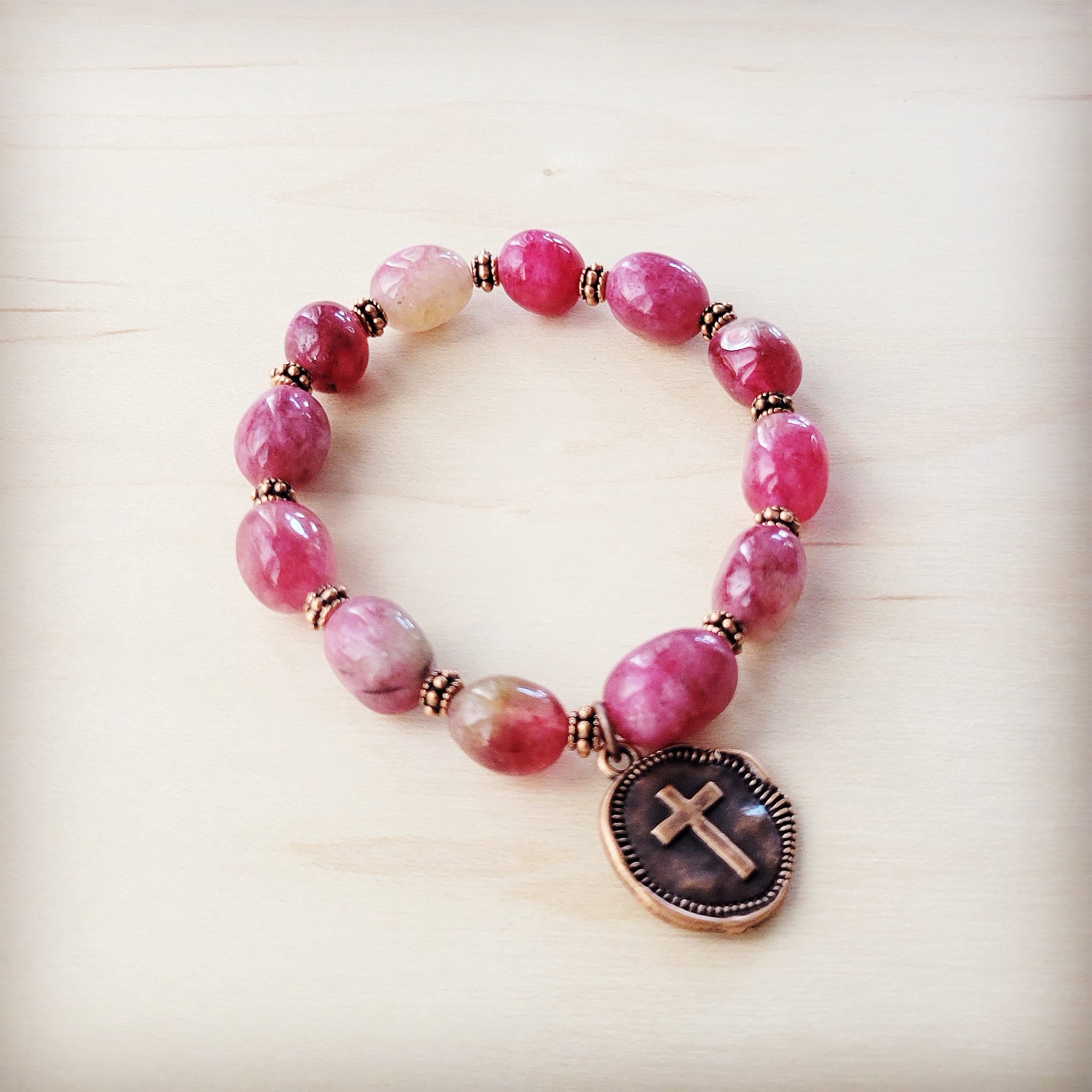 **Natural Pink Jade Beaded Bracelet w Scroll Charm Accent 810x