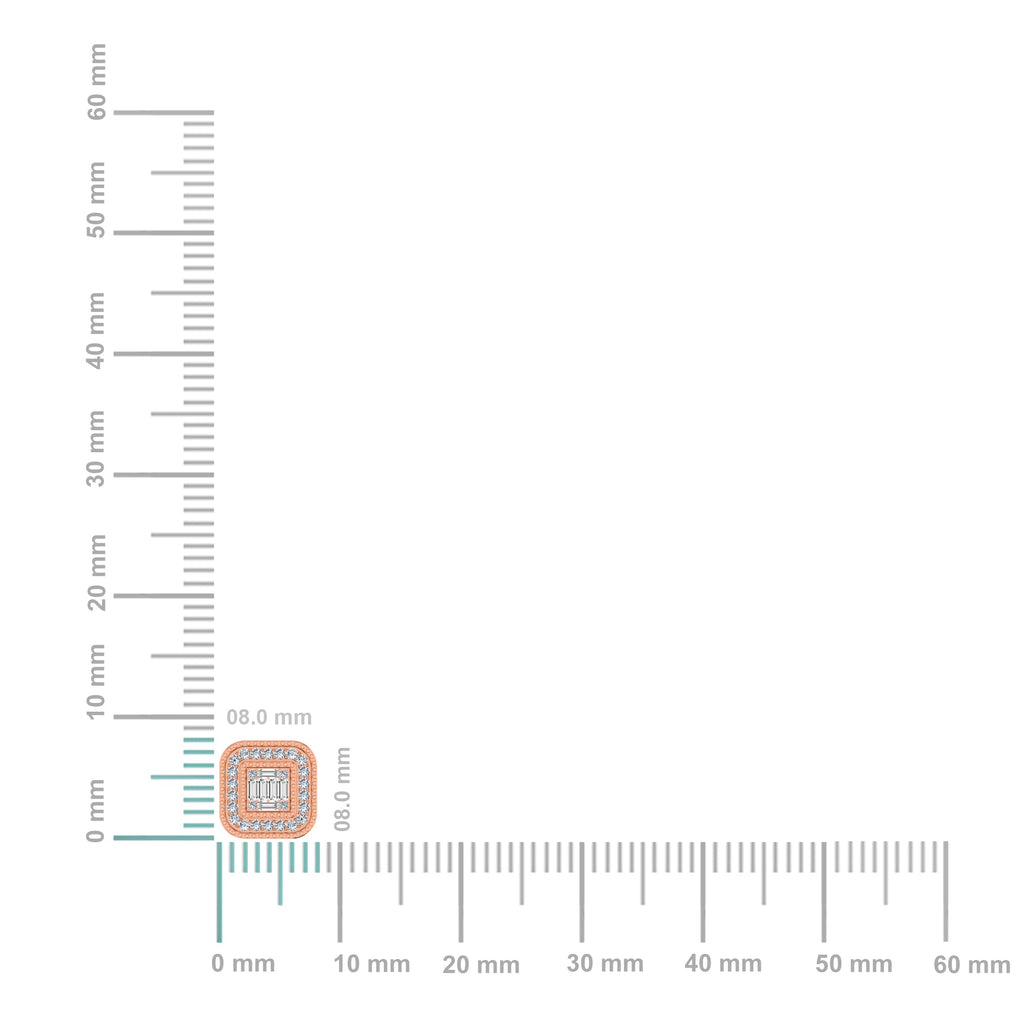 10K Rose Gold Round Baguette Diamond Square Shape Stud Earrings 1/4 Cttw