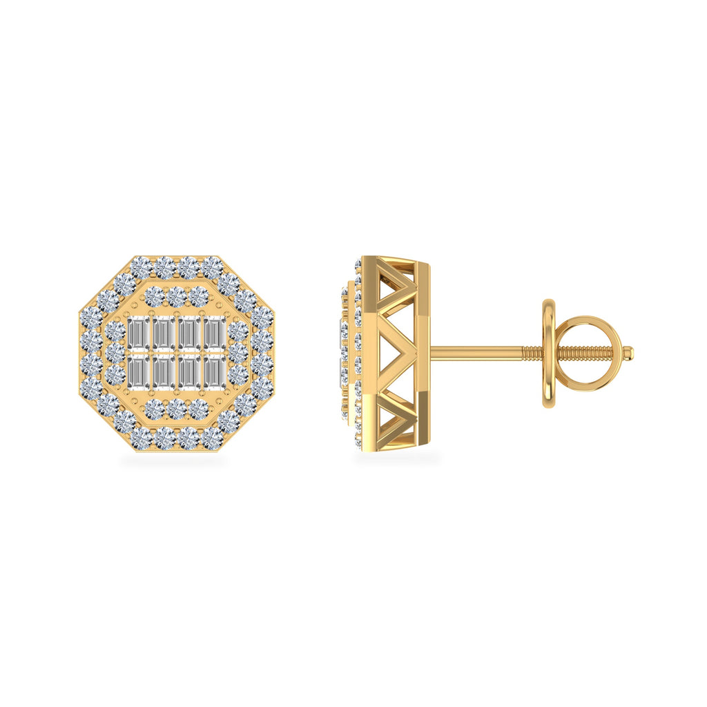 10K Yellow Gold Round Baguette Diamond Octagon Shape Stud Earrings 1/4 Cttw
