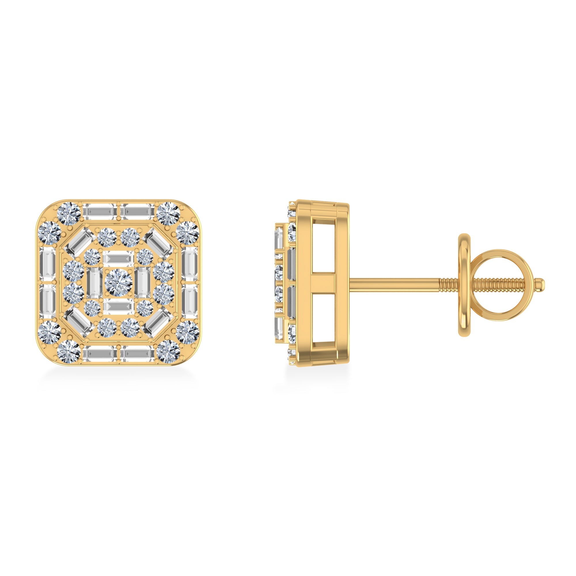 10K Yellow Gold Round Baguette Diamond Square Shape Stud Earrings 3/8 Cttw