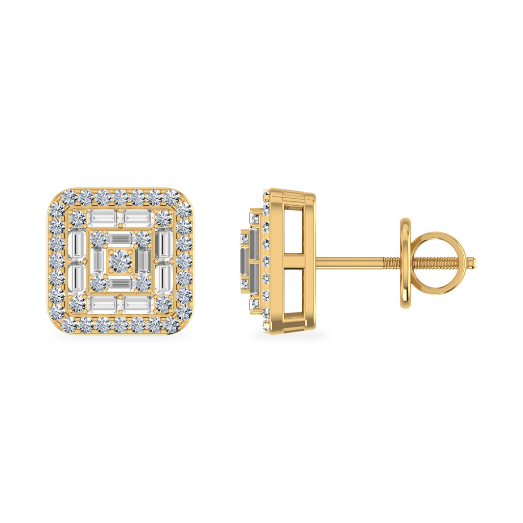10K Yellow Gold Round Baguette Diamond Square Shape Stud Earrings 3/8 Cttw