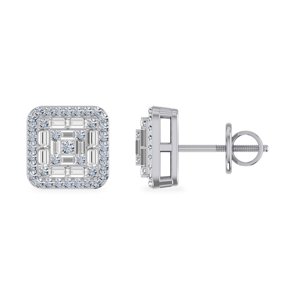 10K White Gold Round Baguette Diamond Square Shape Stud Earrings 3/8 Cttw