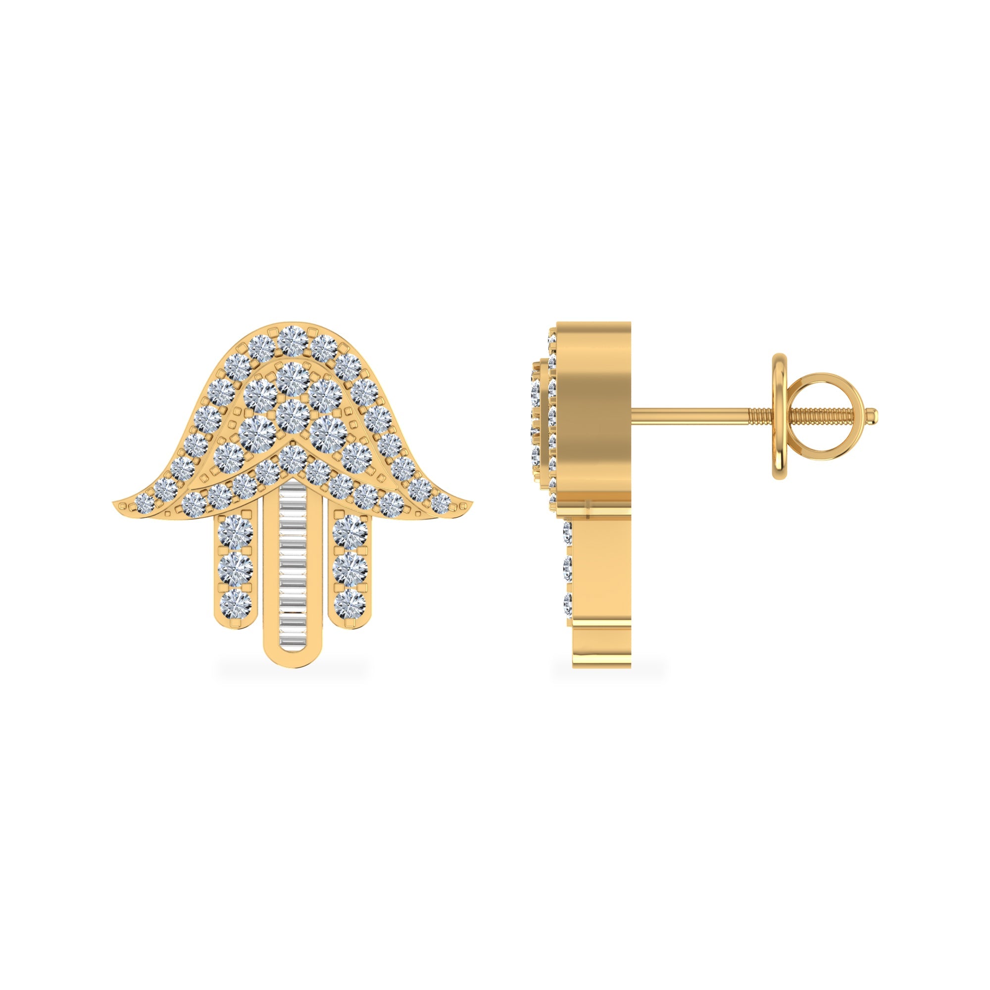 10K Yellow Gold Round Diamond Hamsa Hand Religious Stud Earrings 1/4 Cttw