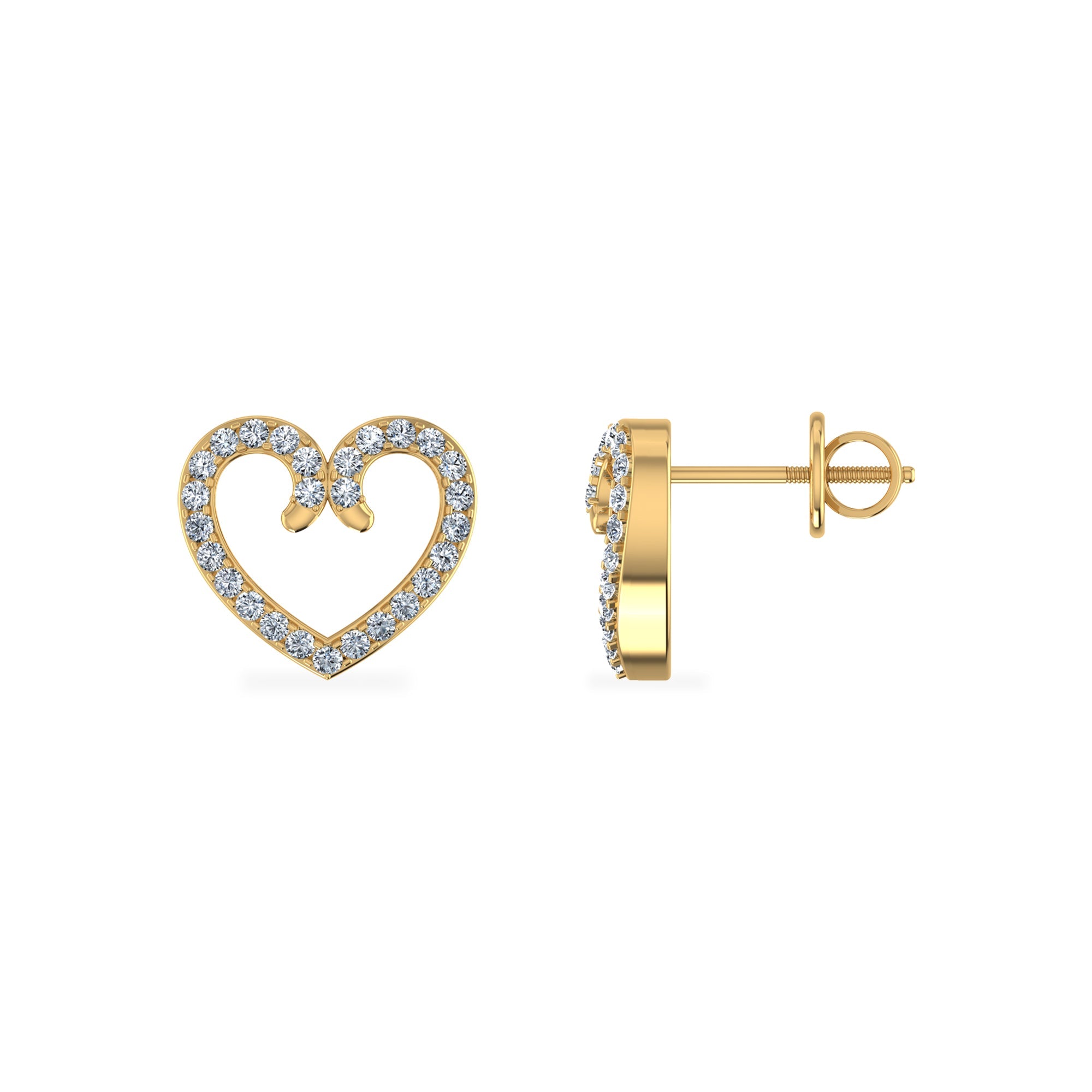 10K Yellow Gold Round Diamond Heart Shape Stud Earrings 1/6 Cttw