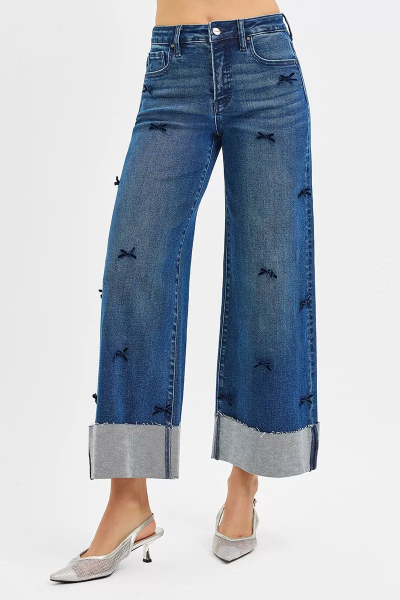 Risen High Rise Crop Wide Leg Ribbon Detail Jeans Denim