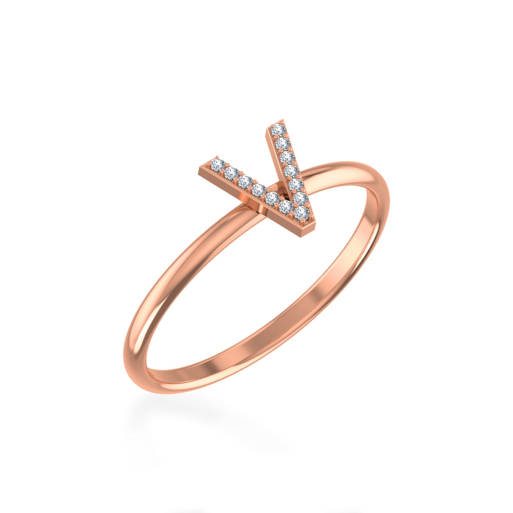 10K Rose Gold Womens Round Diamond V Initial Letter Ring 1/25 Cttw