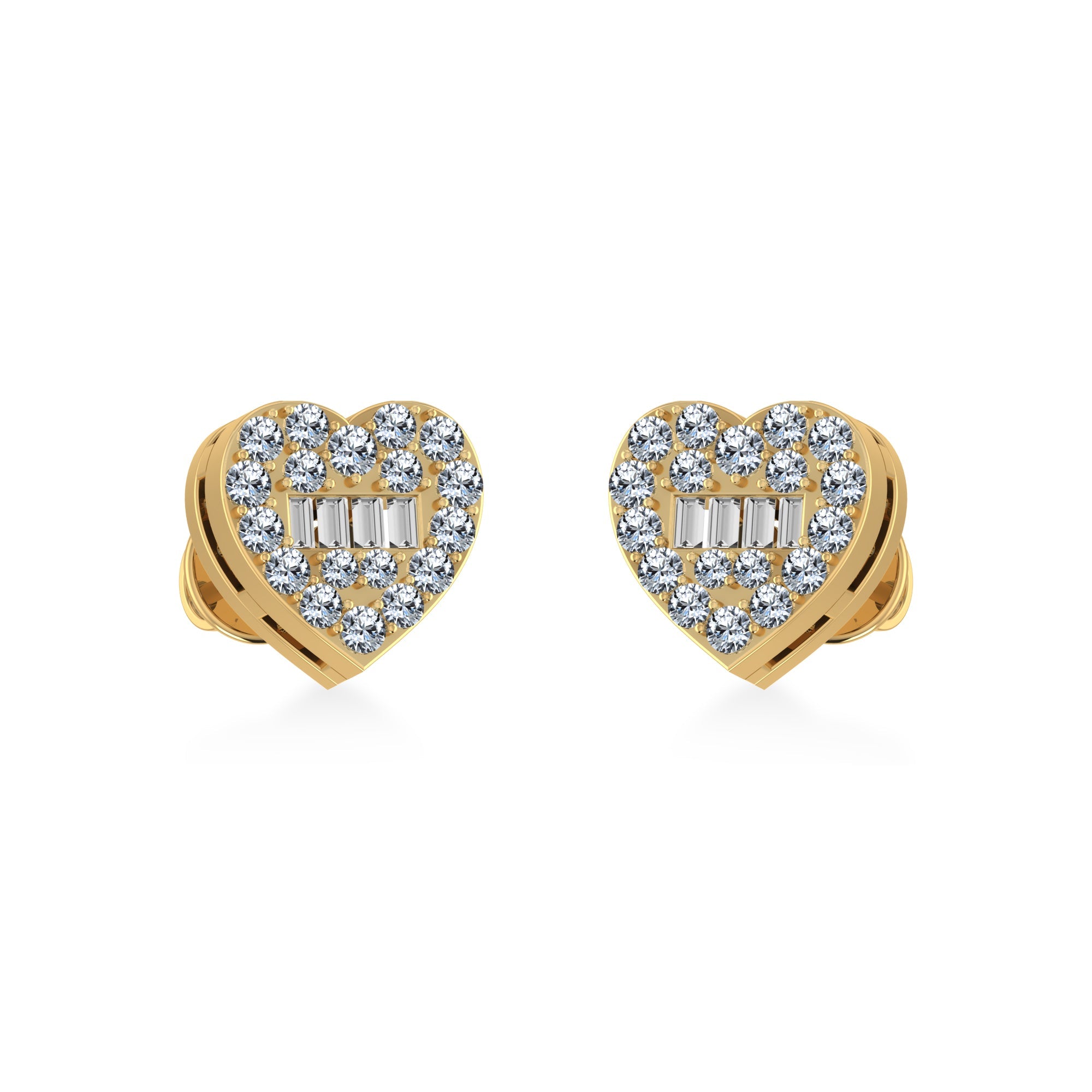 10K Yellow Gold Round Baguette Diamond Heart Shape Cluster Stud Earrings 1/5 Cttw