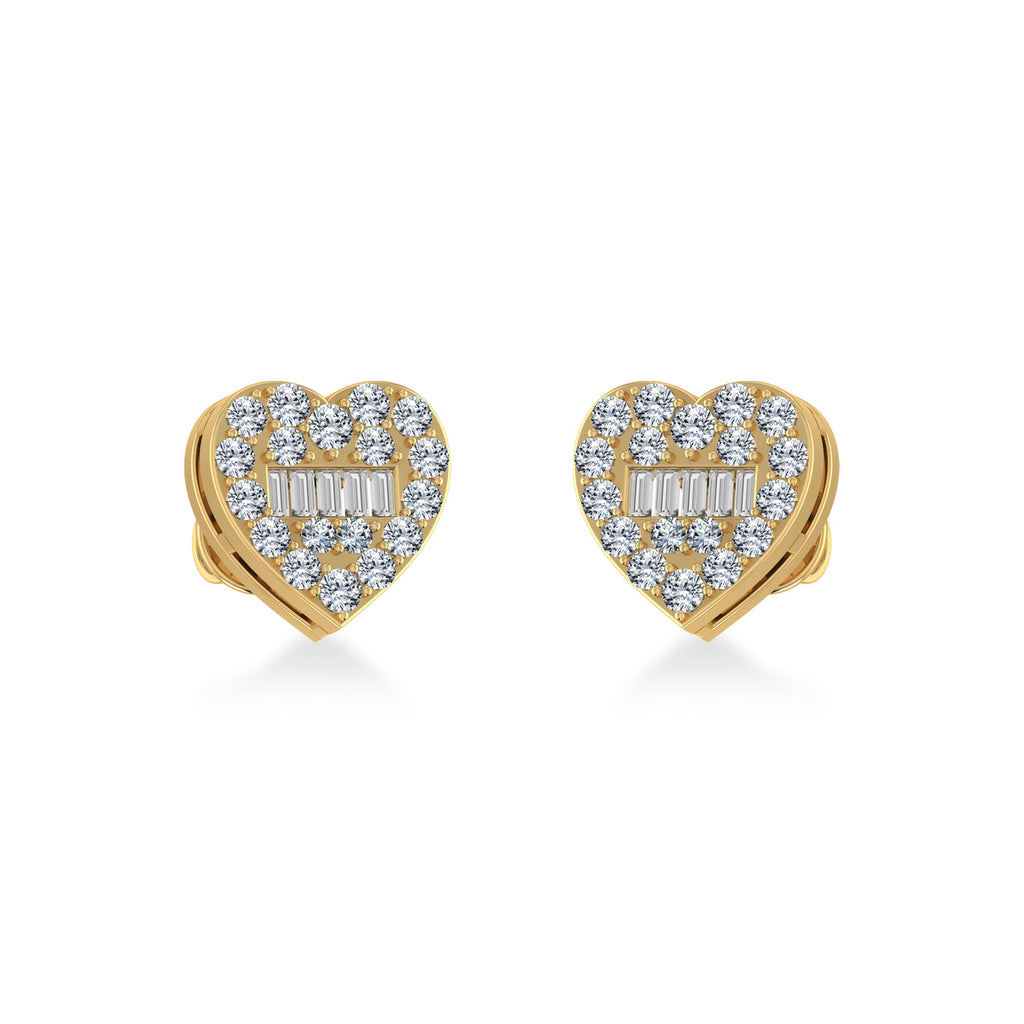 10K Yellow Gold Round Baguette Diamond Heart Shape Cluster Stud Earring 3/8 Cttw