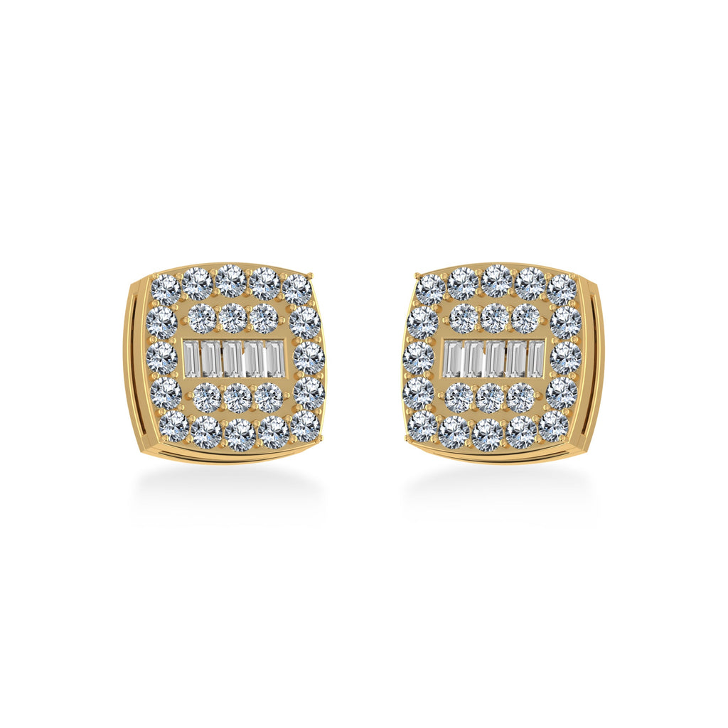 10K Yellow Gold Round Baguette Diamond Square Shape Cluster Stud Earring 1/2 Cttw