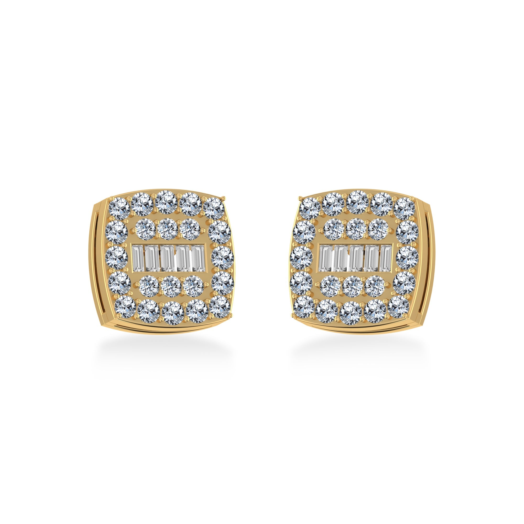 10K Yellow Gold Round Baguette Diamond Square Shape Cluster Stud Earring 1/2 Cttw
