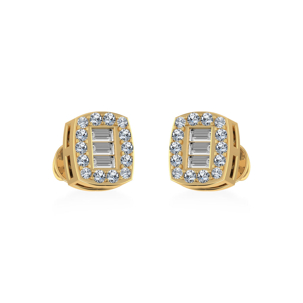 10K Yellow Gold Round Baguette Diamond Stud Earring 1/5 Cttw
