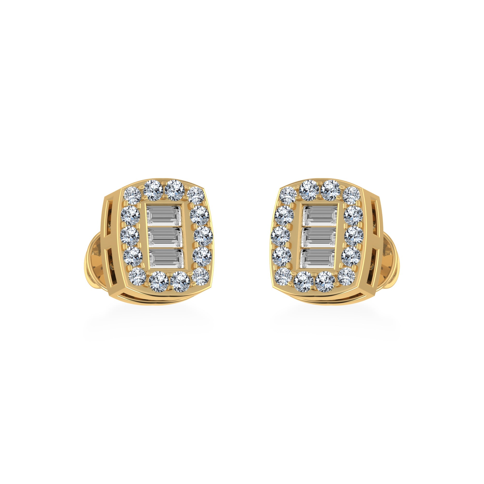 10K Yellow Gold Round Baguette Diamond Stud Earring 1/5 Cttw