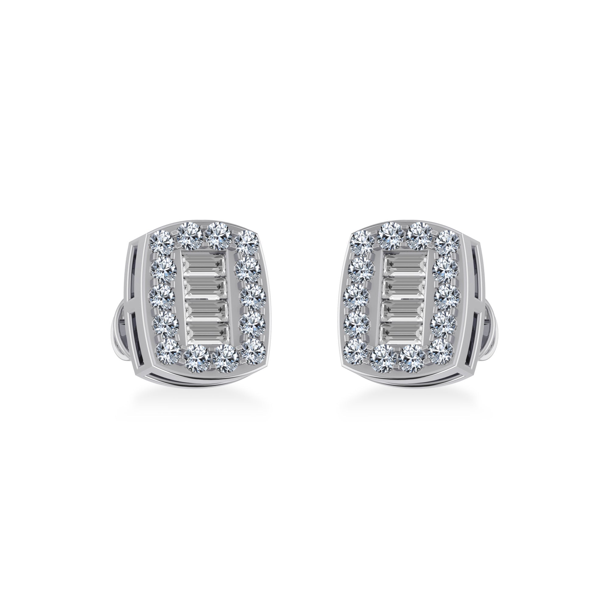 10K White Gold Round Baguette Diamond Stud Earring 3/8 Cttw