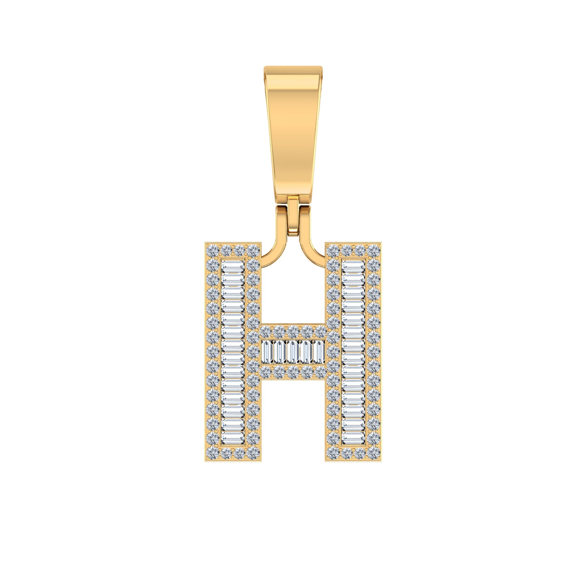 10K Yellow Gold Baguette Diamond Initial H Letter Pendant 1/2 Cttw
