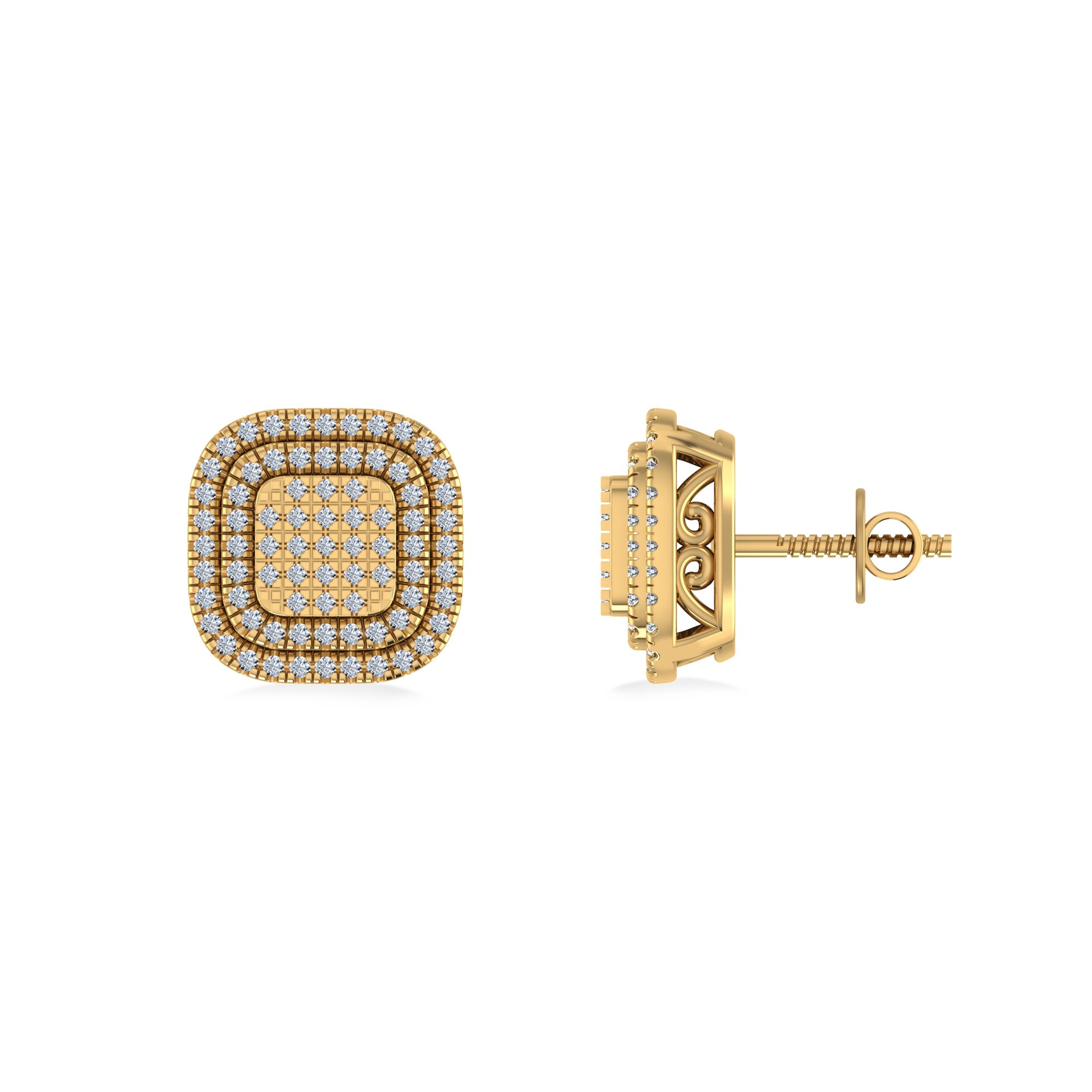 10K Yellow Gold Round Diamond Square Shape Designer Mens Halo Stud Earring 1/3 Cttw