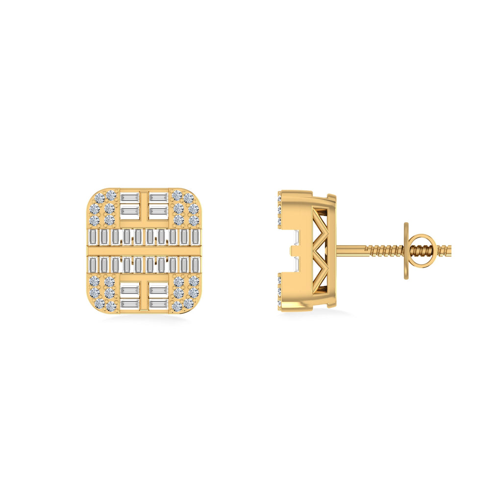 10K Yellow Gold Round Diamond Square Shape Designer Mens Stud Earring 1/3 Cttw