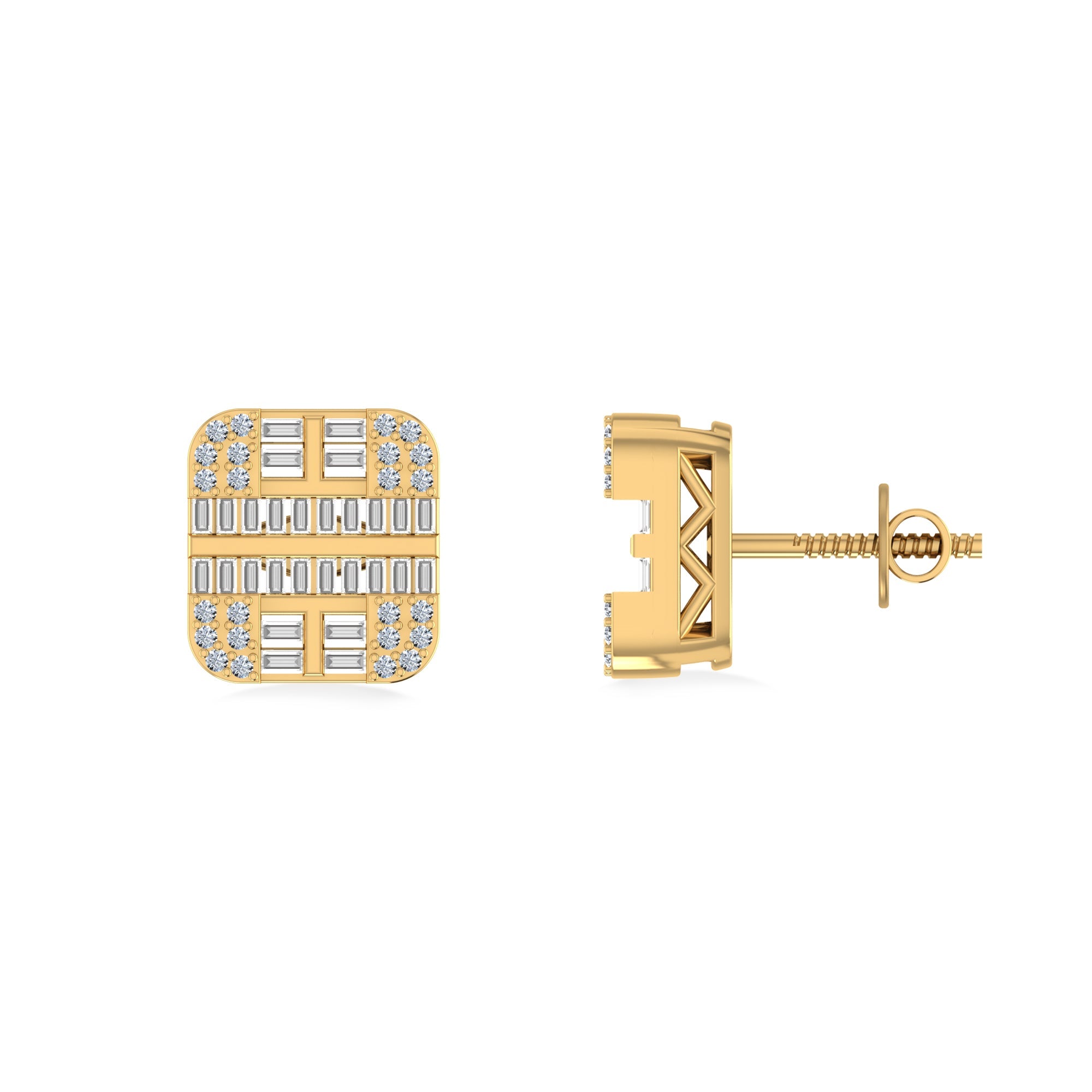 10K Yellow Gold Round Diamond Square Shape Designer Mens Stud Earring 1/3 Cttw