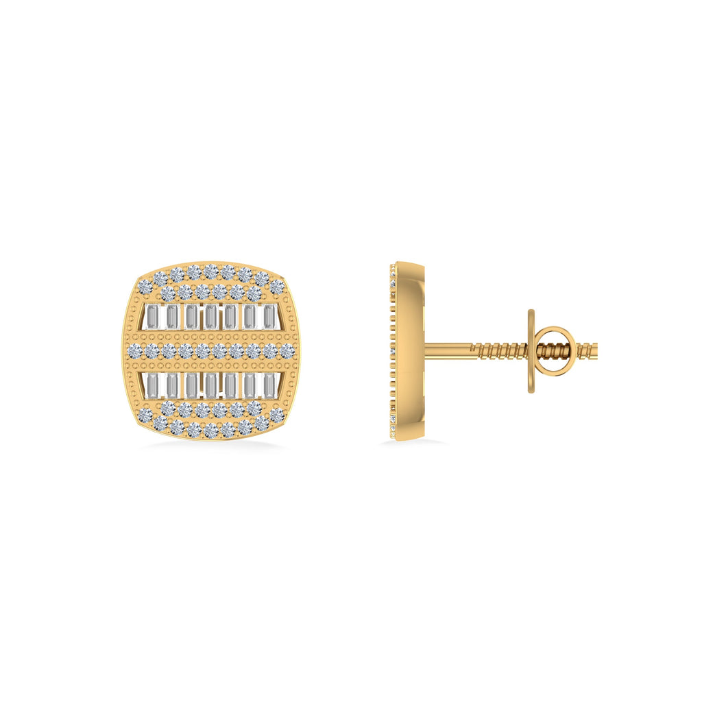 10K Yellow Gold Round Diamond Square Shape Designer Mens Stud Earring 1/3 Cttw