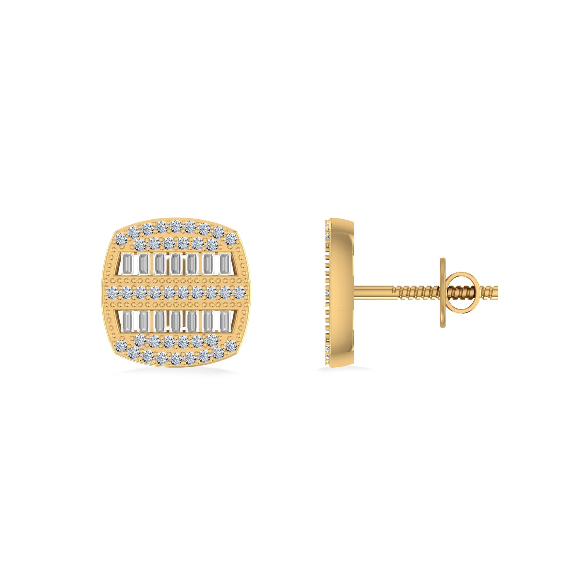 10K Yellow Gold Round Diamond Square Shape Designer Mens Stud Earring 1/3 Cttw
