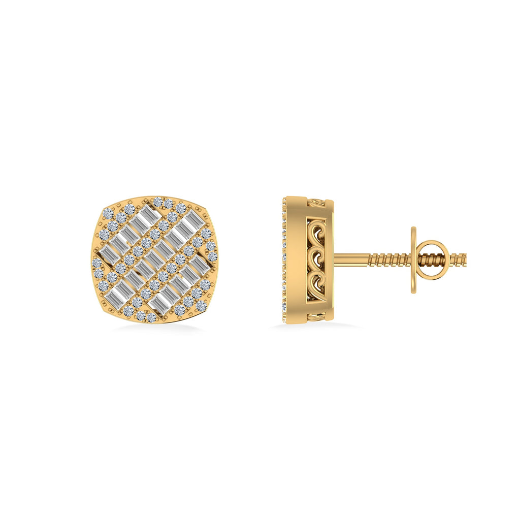 10K Yellow Gold Round Baguette Diamond Square Shape Designer Mens Stud Earring 1/3 Cttw