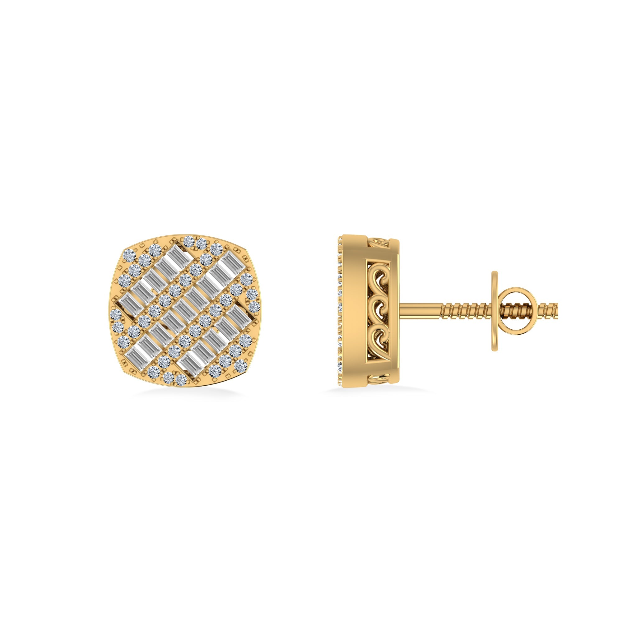 10K Yellow Gold Round Baguette Diamond Square Shape Designer Mens Stud Earring 1/3 Cttw